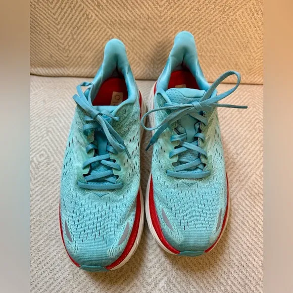 Hoka One One Womens Clifton 8 Aqua Orange Running Walking Shoes Sneakers 8.5 B