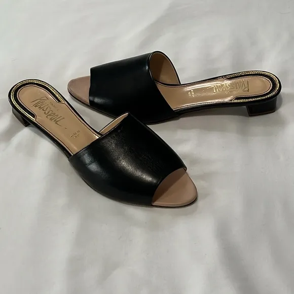 Jerome C Rousseau Black Leather Delair Kitten Heel Slide Sandals Made in Italy