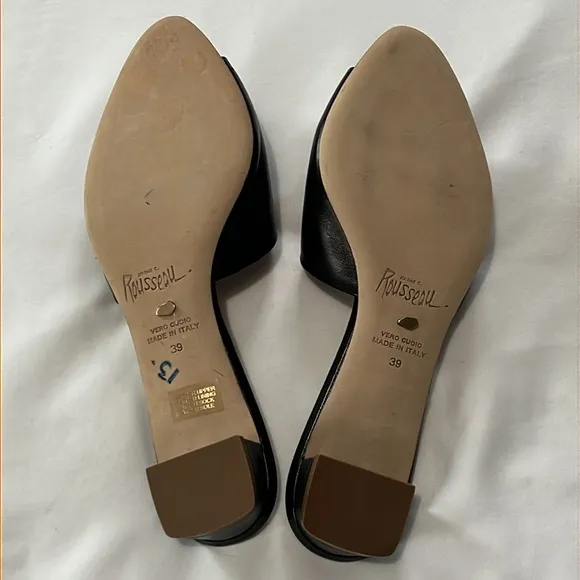 Jerome C Rousseau Black Leather Delair Kitten Heel Slide Sandals Made in Italy