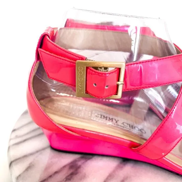Jimmy Choo Chiara Open Toe Women Wedge Sandals Size 38 Pink Patent Leather Fairy