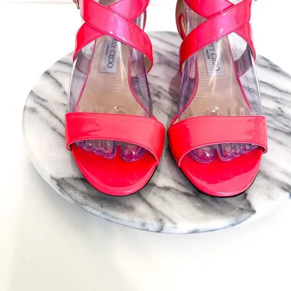 Jimmy Choo Chiara Open Toe Women Wedge Sandals Size 38 Pink Patent Leather Fairy