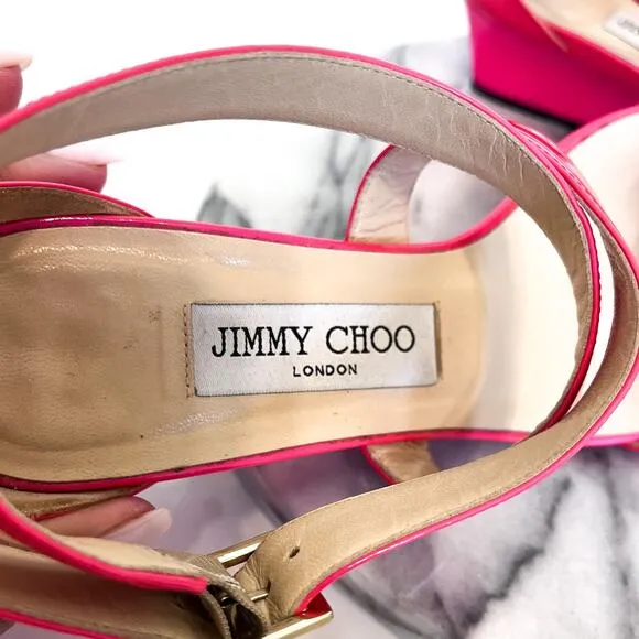 Jimmy Choo Chiara Open Toe Women Wedge Sandals Size 38 Pink Patent Leather Fairy