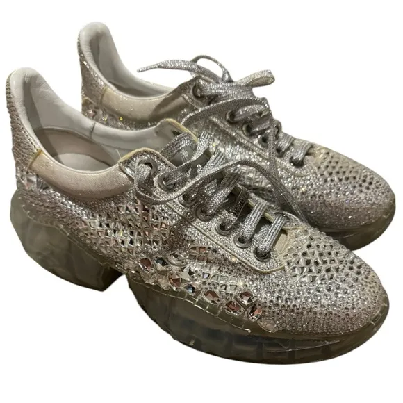 Jimmy Choo Crystal Embellished Silver Women's Sneakers- Size 8