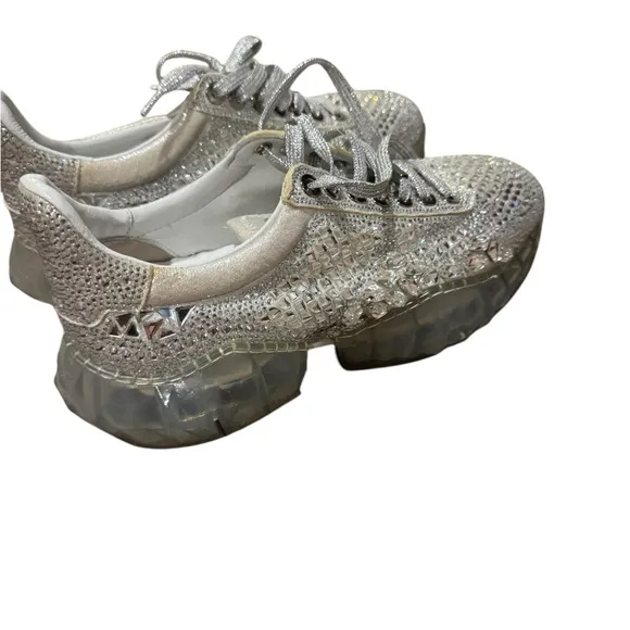 Jimmy Choo Crystal Embellished Silver Women's Sneakers- Size 8
