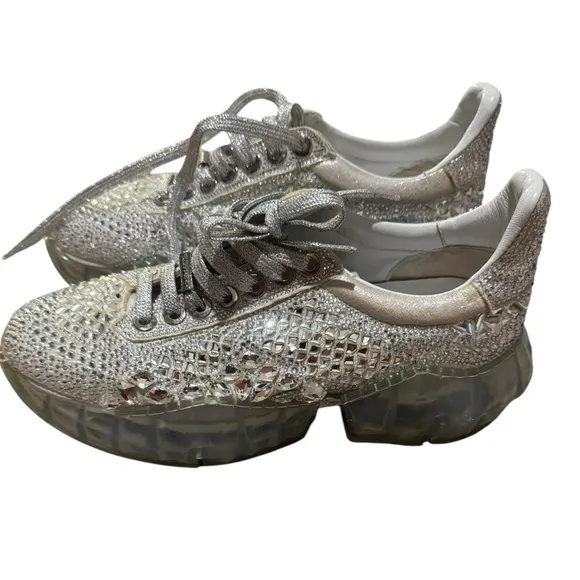 Jimmy Choo Crystal Embellished Silver Women's Sneakers- Size 8