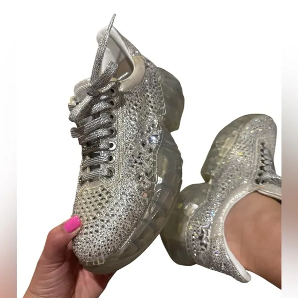 Jimmy Choo Crystal Embellished Silver Women's Sneakers- Size 8
