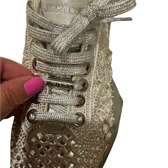 Jimmy Choo Crystal Embellished Silver Women's Sneakers- Size 8