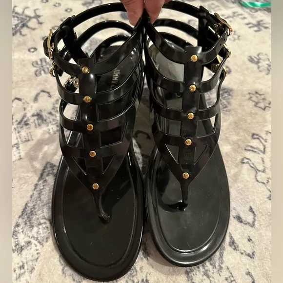 JIMMY CHOO Margot Gladiator Black Jelly Sandal W/ Gold Hardware Size 39