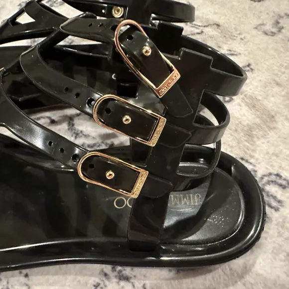JIMMY CHOO Margot Gladiator Black Jelly Sandal W/ Gold Hardware Size 39