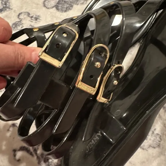 JIMMY CHOO Margot Gladiator Black Jelly Sandal W/ Gold Hardware Size 39