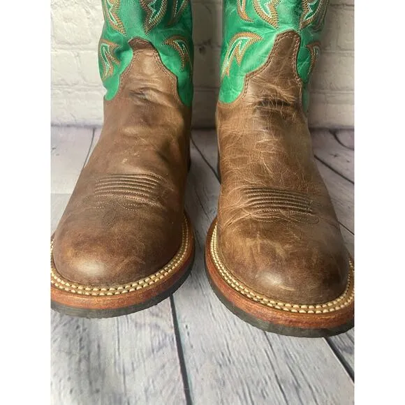 Justin Mens Bent Rail Boot America Cow Foot Double Stitched Wide Round Toe 9