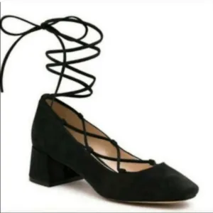 Karl Lagerfeld Paris Charlie Heels Black Suede Ankle Wrap Block Heel Square Toe