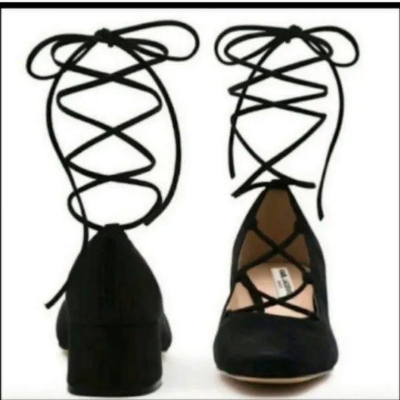 Karl Lagerfeld Paris Charlie Heels Black Suede Ankle Wrap Block Heel Square Toe