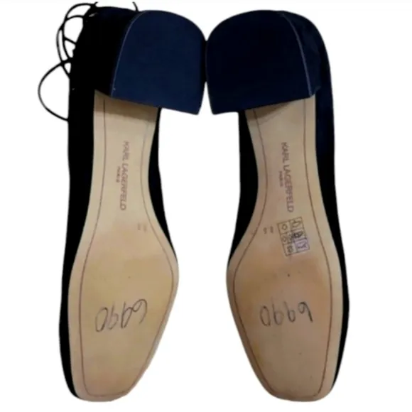 Karl Lagerfeld Paris Charlie Heels Black Suede Ankle Wrap Block Heel Square Toe