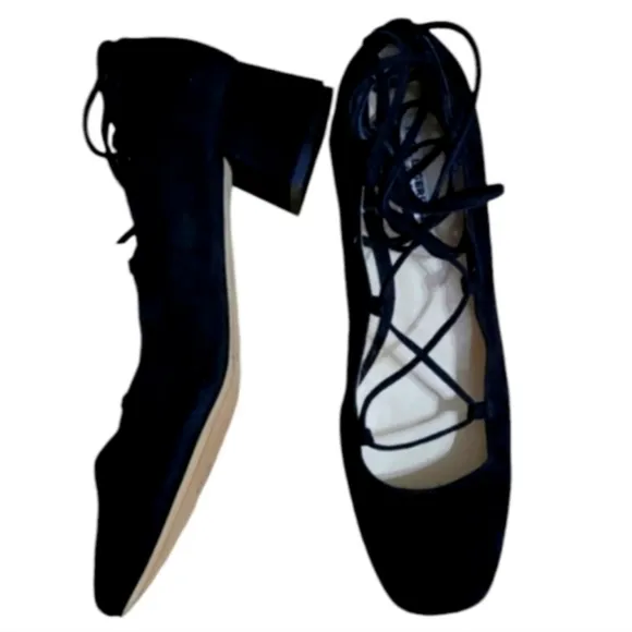 Karl Lagerfeld Paris Charlie Heels Black Suede Ankle Wrap Block Heel Square Toe
