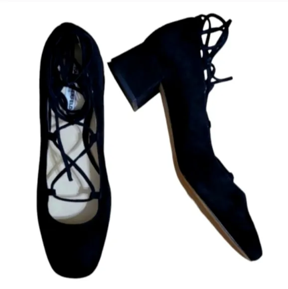 Karl Lagerfeld Paris Charlie Heels Black Suede Ankle Wrap Block Heel Square Toe