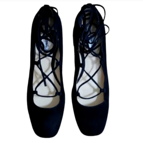 Karl Lagerfeld Paris Charlie Heels Black Suede Ankle Wrap Block Heel Square Toe