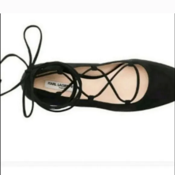 Karl Lagerfeld Paris Charlie Heels Black Suede Ankle Wrap Block Heel Square Toe
