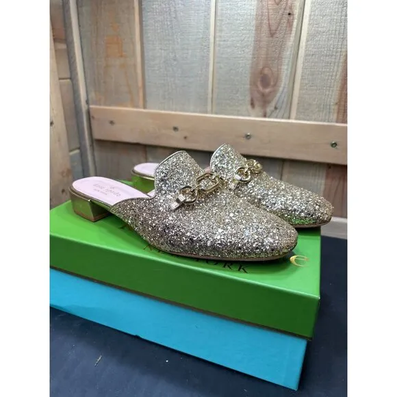 Kate Spade Glendi Gold Glitter Mules 8.5M Chain Detail Slip-On Shoes