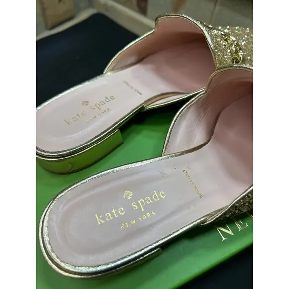 Kate Spade Glendi Gold Glitter Mules 8.5M Chain Detail Slip-On Shoes