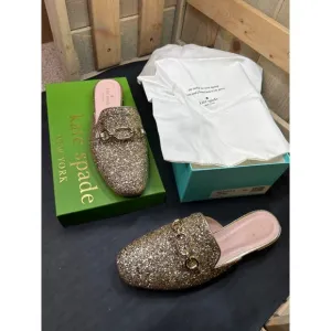 Kate Spade Glendi Gold Glitter Mules 8.5M Chain Detail Slip-On Shoes