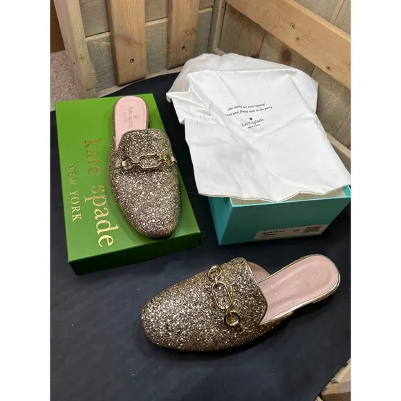 Kate Spade Glendi Gold Glitter Mules 8.5M Chain Detail Slip-On Shoes
