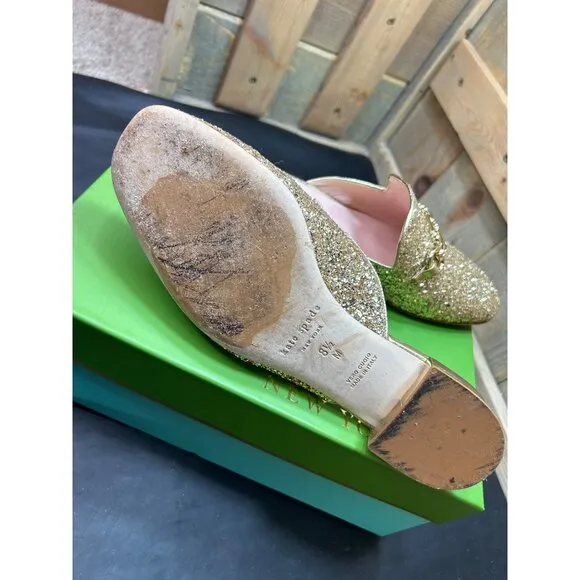 Kate Spade Glendi Gold Glitter Mules 8.5M Chain Detail Slip-On Shoes