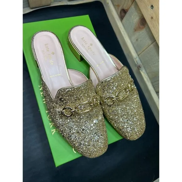 Kate Spade Glendi Gold Glitter Mules 8.5M Chain Detail Slip-On Shoes