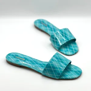 LARROUDE Shoes Womens 9 Blue Aqua Argyle Ivy Slide Sandal Patent Leather NWOB