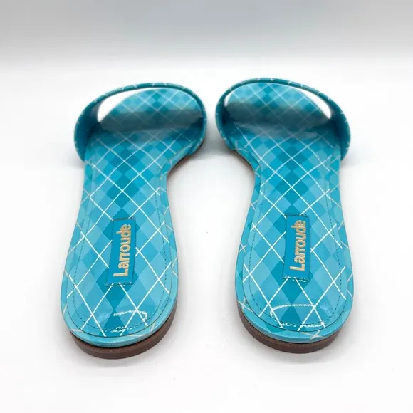 LARROUDE Shoes Womens 9 Blue Aqua Argyle Ivy Slide Sandal Patent Leather NWOB