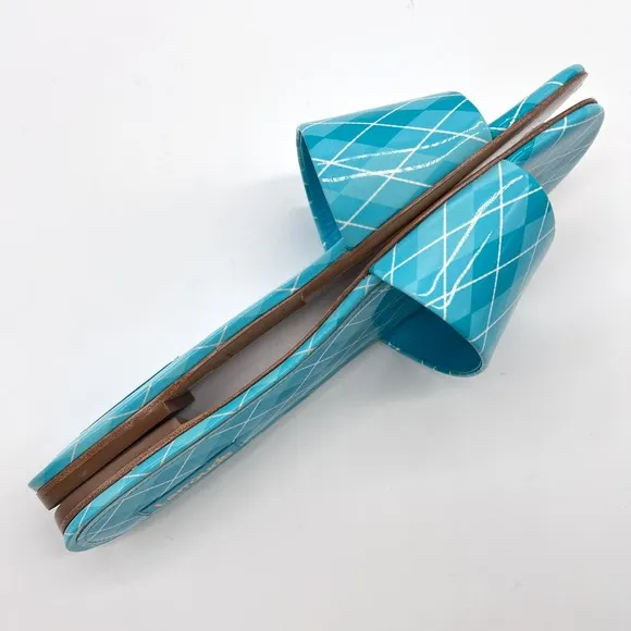 LARROUDE Shoes Womens 9 Blue Aqua Argyle Ivy Slide Sandal Patent Leather NWOB