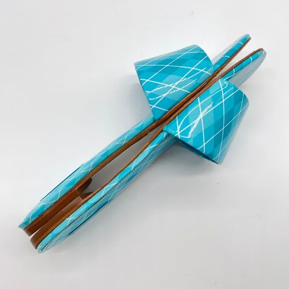 LARROUDE Shoes Womens 9 Blue Aqua Argyle Ivy Slide Sandal Patent Leather NWOB