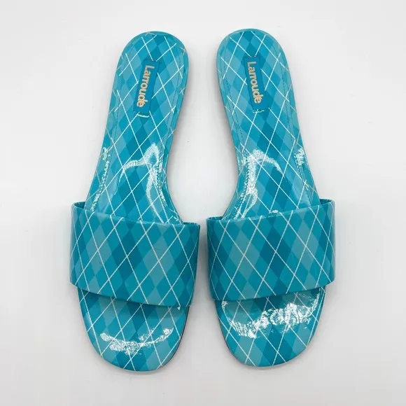 LARROUDE Shoes Womens 9 Blue Aqua Argyle Ivy Slide Sandal Patent Leather NWOB