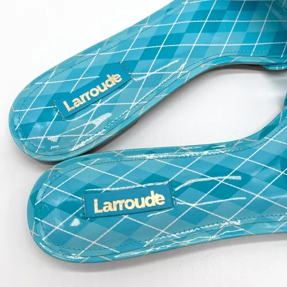 LARROUDE Shoes Womens 9 Blue Aqua Argyle Ivy Slide Sandal Patent Leather NWOB