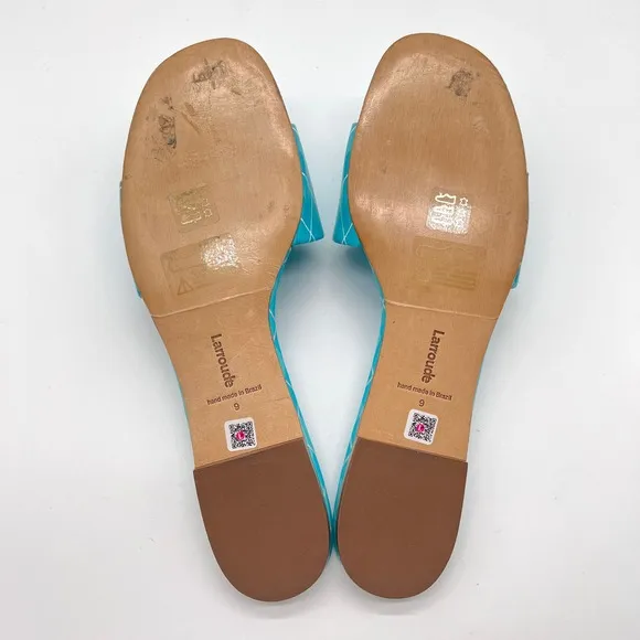 LARROUDE Shoes Womens 9 Blue Aqua Argyle Ivy Slide Sandal Patent Leather NWOB