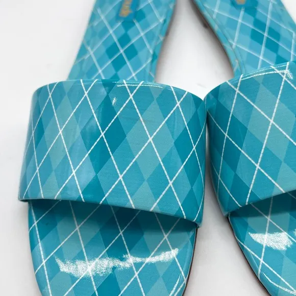 LARROUDE Shoes Womens 9 Blue Aqua Argyle Ivy Slide Sandal Patent Leather NWOB