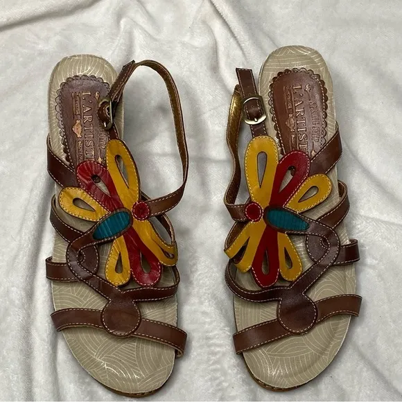 L'Artiste by Spring Step Ronella Multi Strap Leather Wedge Sandals