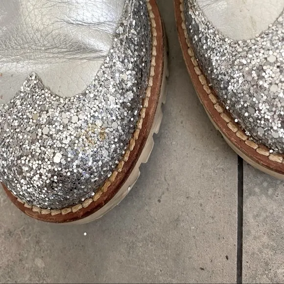 L'F silver glitter metallic brogue oxford loafers size 38 euro or size 8/8.5 USA