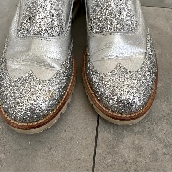 L'F silver glitter metallic brogue oxford loafers size 38 euro or size 8/8.5 USA