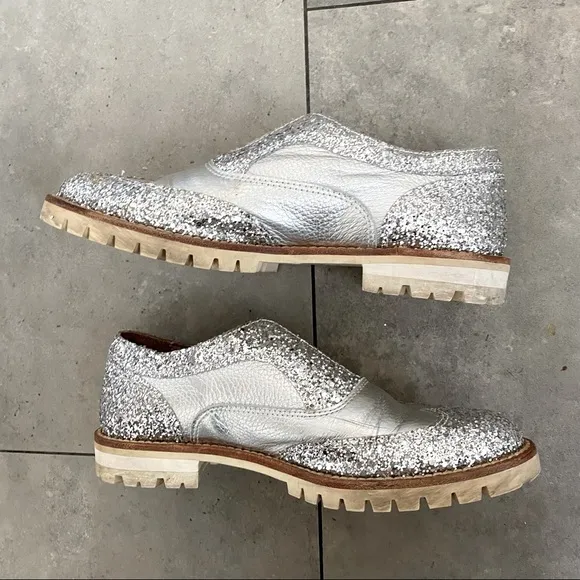 L'F silver glitter metallic brogue oxford loafers size 38 euro or size 8/8.5 USA