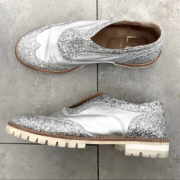 L'F silver glitter metallic brogue oxford loafers size 38 euro or size 8/8.5 USA