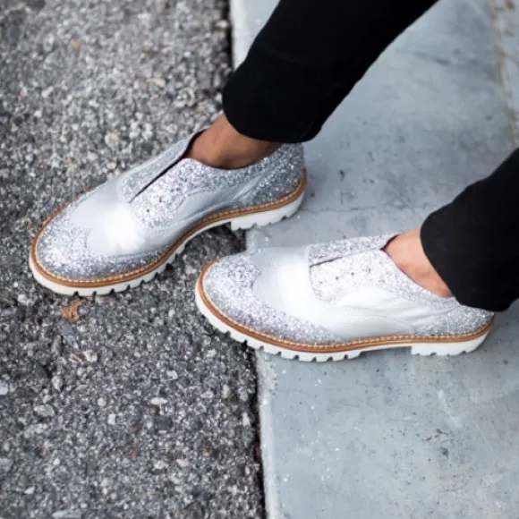 L'F silver glitter metallic brogue oxford loafers size 38 euro or size 8/8.5 USA