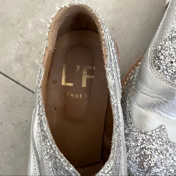 L'F silver glitter metallic brogue oxford loafers size 38 euro or size 8/8.5 USA