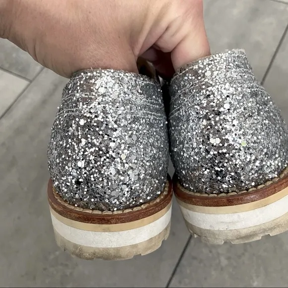 L'F silver glitter metallic brogue oxford loafers size 38 euro or size 8/8.5 USA