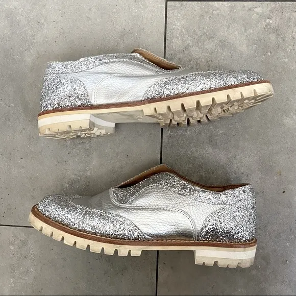 L'F silver glitter metallic brogue oxford loafers size 38 euro or size 8/8.5 USA
