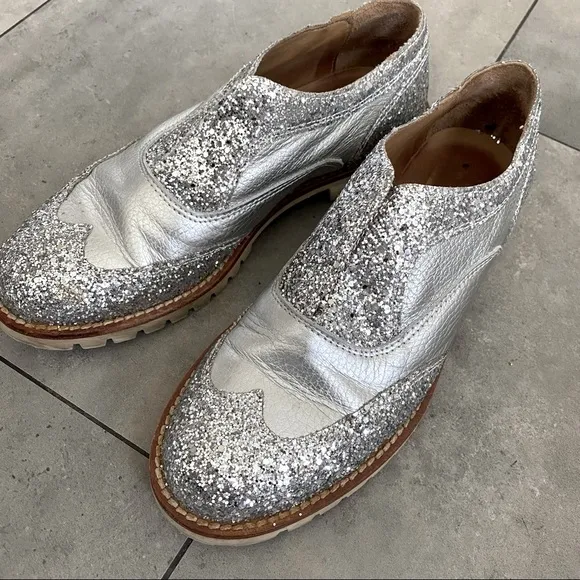 L'F silver glitter metallic brogue oxford loafers size 38 euro or size 8/8.5 USA