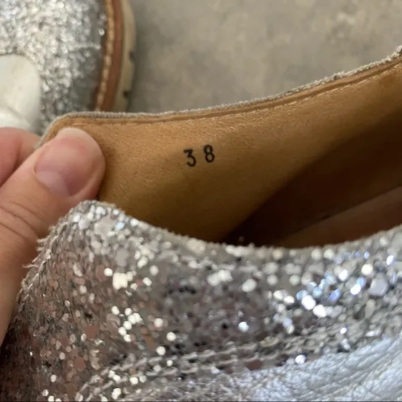 L'F silver glitter metallic brogue oxford loafers size 38 euro or size 8/8.5 USA