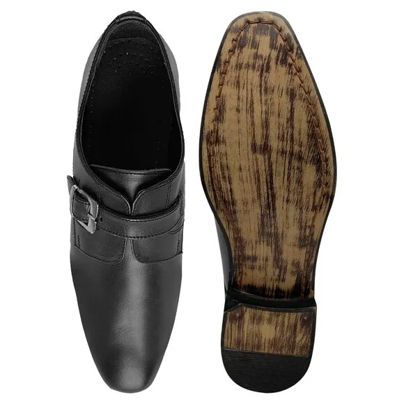 LIBERTYZENO Mens Black Leather Burnished Monk strap Shoes
