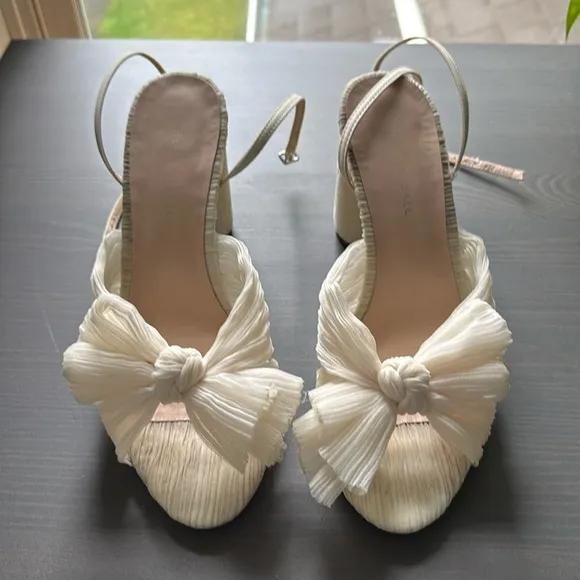 Loeffler Randall Camellia Pearl Pleated Bow Cylinder Heel Ankle Strap Sandal NIB