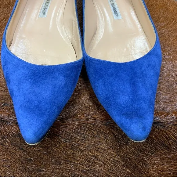 Manolo Blahnik Blue Suede Ballet Flats womens 37 1/2 GREAT SHAPE
